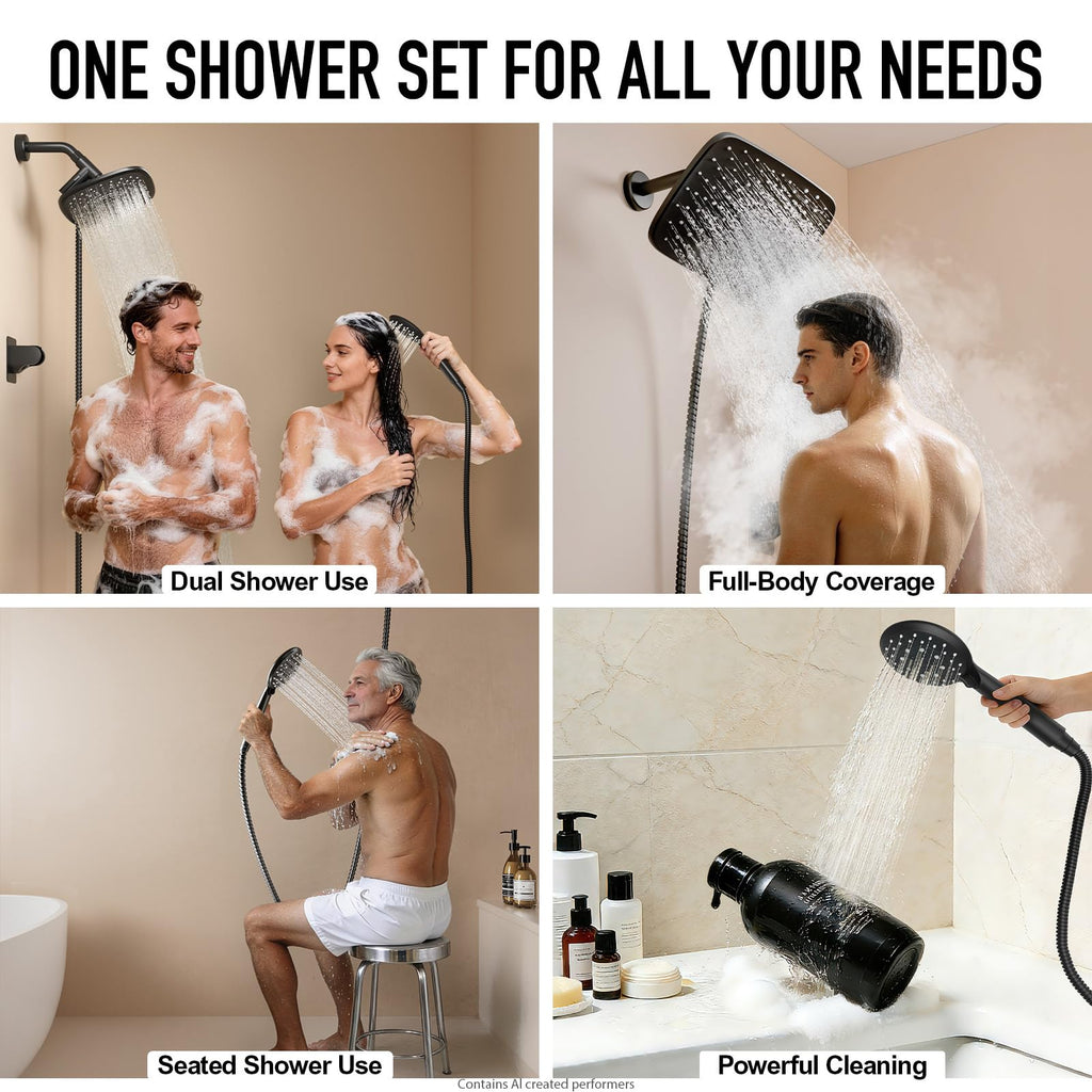 Veken 11.8 Inch Rain Shower Head with Handheld- High Pressure Dual Shower Heads with 5 Modes Hand held Spray Combo- Wide Rainfall Showerhead with Hose, Bathroom Accessories, Matte Black