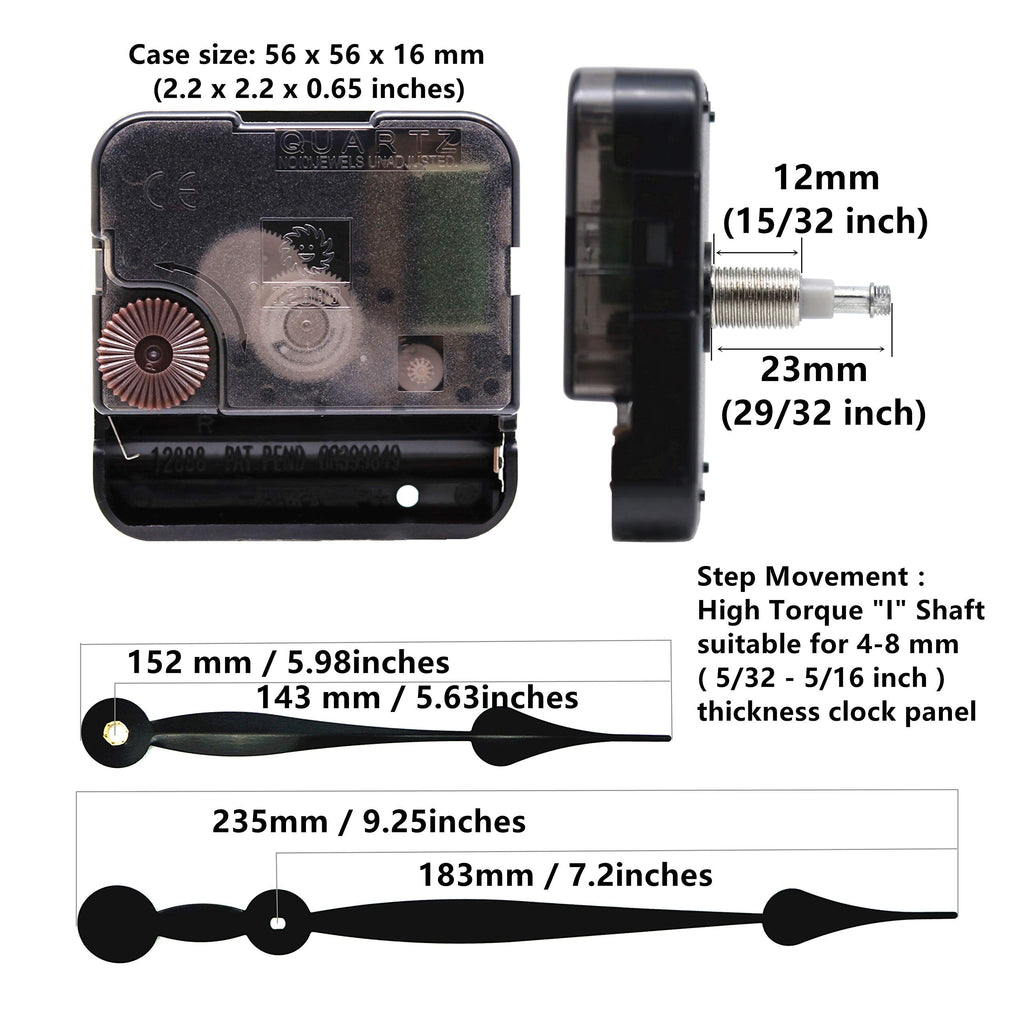 Youngtown 12888 High Torque Quartz Clock Movement Replacement Parts with 235 mm / 9.25 Inch Long Spade Hands