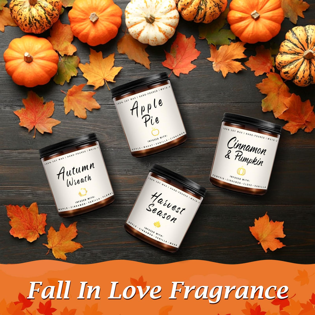 Fall Candle Set | 4pack Fall Scented Candles for Home - Soy Candles for Home Scented, Autumn Candle Set, Fall Candle Gifts - Fall Scents of Pumpkin/Apple Pie/Harvest/Autumn Wreath