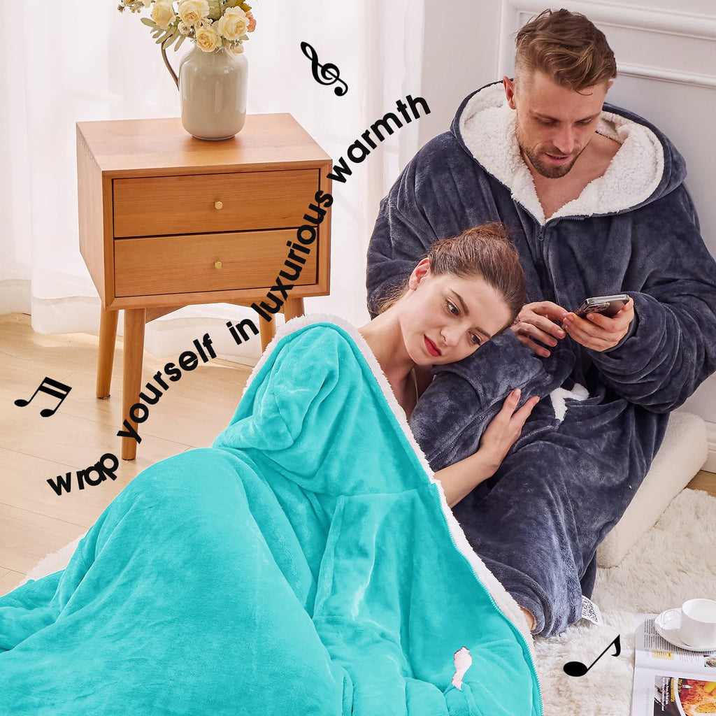 JOYWOO Turquoise Teal Wearable Blanket Hoodie, Birthday Gifts for Trendy Girls Girlfriend Stuff, Oversized Hooded Blanket for Adult Women, Cozy Sherpa Sweatshirt Blanket with Giant Pocket and Zipper