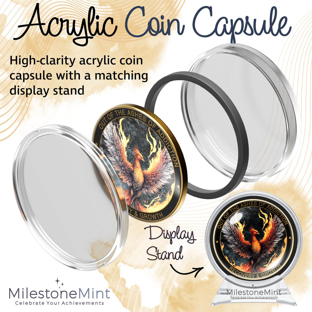 MilestoneMint Phoenix Sobriety Coin | AA Chip Medallion Gift Set with Coin Capsule, Display Stand & Card for Sober Men & Women in Recovery | Sobriety Gifts for Anniversary Month & Year