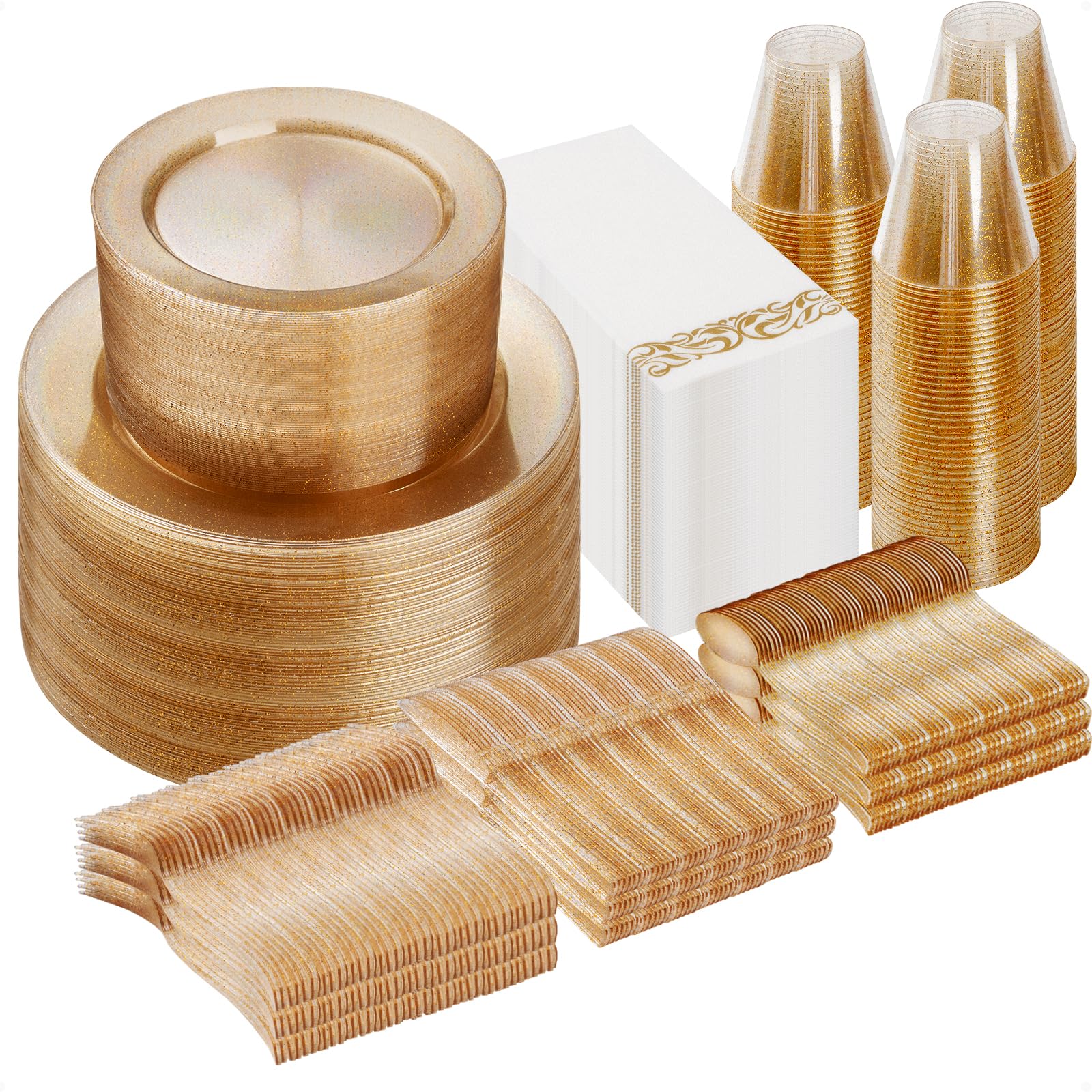 Goodluck 700 Piece Gold Glitter Dinnerware Set for 100 Guests, Plastic Plates Disposable for Party, Include: 200 Plastic Plates, 100 Paper Napkins, 100 Cups, 100 Glitter Silverware Set