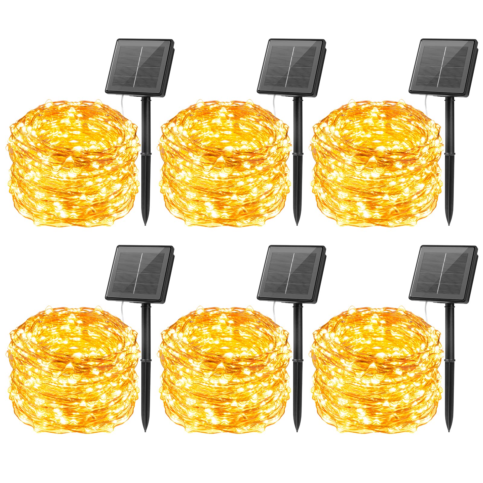 Brightown Outdoor Solar String Lights, 6 Pack 33Feet 100 Led Solar Powered Fairy Lights with 8 Modes Waterproof Decoration Copper Wire Lights for Patio Yard Trees Christmas Wedding Party (Warm White)