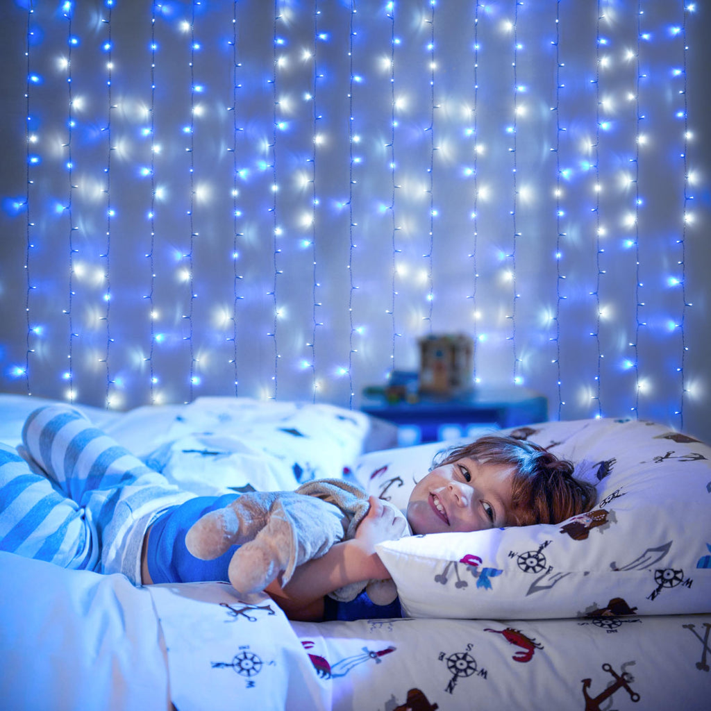 JMEXSUSS 300LED Curtain Lights Plug in with Remote, 9.8x9.8ft Blue and White Christmas Lights Outdoor, 8 Modes Hanging Fairy String Lights for Bedroom Party Window Wall Yard Patio Porch Indoor Decor