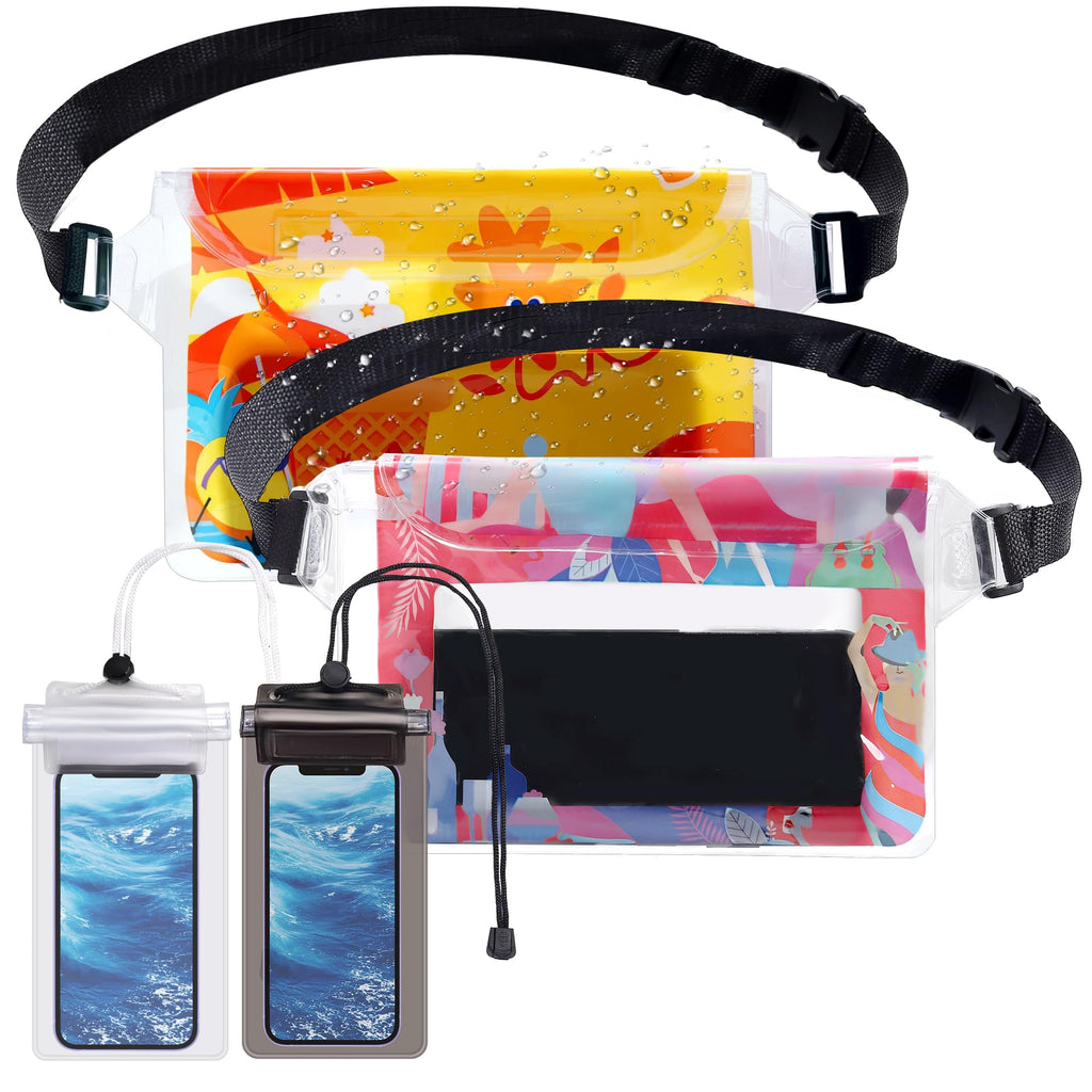 4 Pack Waterproof Fanny Pack with Waist Strap Waterproof Phone Pouch Dry Bag for Kayaking Pool Swimming Boating Beach Fishing Travel Diving Surfing (Hawaii, 2 Fanny Pack + 2 Pouch Bag)