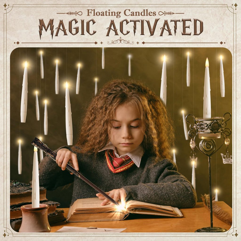 JOIONE Floating Candles with Wand, 12 Pack Halloween Flameless Candles Magic Hanging Taper Candles with Wand Remote, Battery Operated Candles for Halloween Christmas Birthday Party Decor Ivory