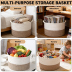 HZFTJOY 65L Large Woven Cotton Rope Blanket Basket with Handles, Laundry Hamper Storage Bin for Pillows, Clothes, Bedroom and Living Room Organization, White & Brown