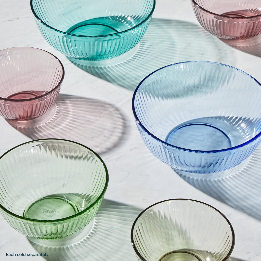 Pyrex Colors Tinted (3-Pack) Sculpted Tinted Unlidded Small/Medium/Large Glass Mixing Bowls, Nesting Space Saving Set of Bowls For Prepping and Baking, 1.3QT, 2.3QT & 4.5QT