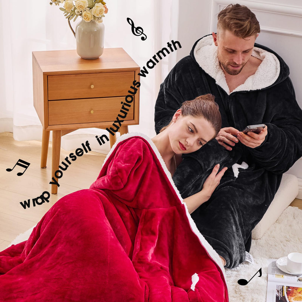 JOYWOO Wearable Blanket Hoodie, Oversized Hooded Blanket for Adult, Birthday Christmas Gifts for Women Men, Cozy Fuzzy Sherpa Sweatshirt Blanket with Giant Pocket and Zipper, Black