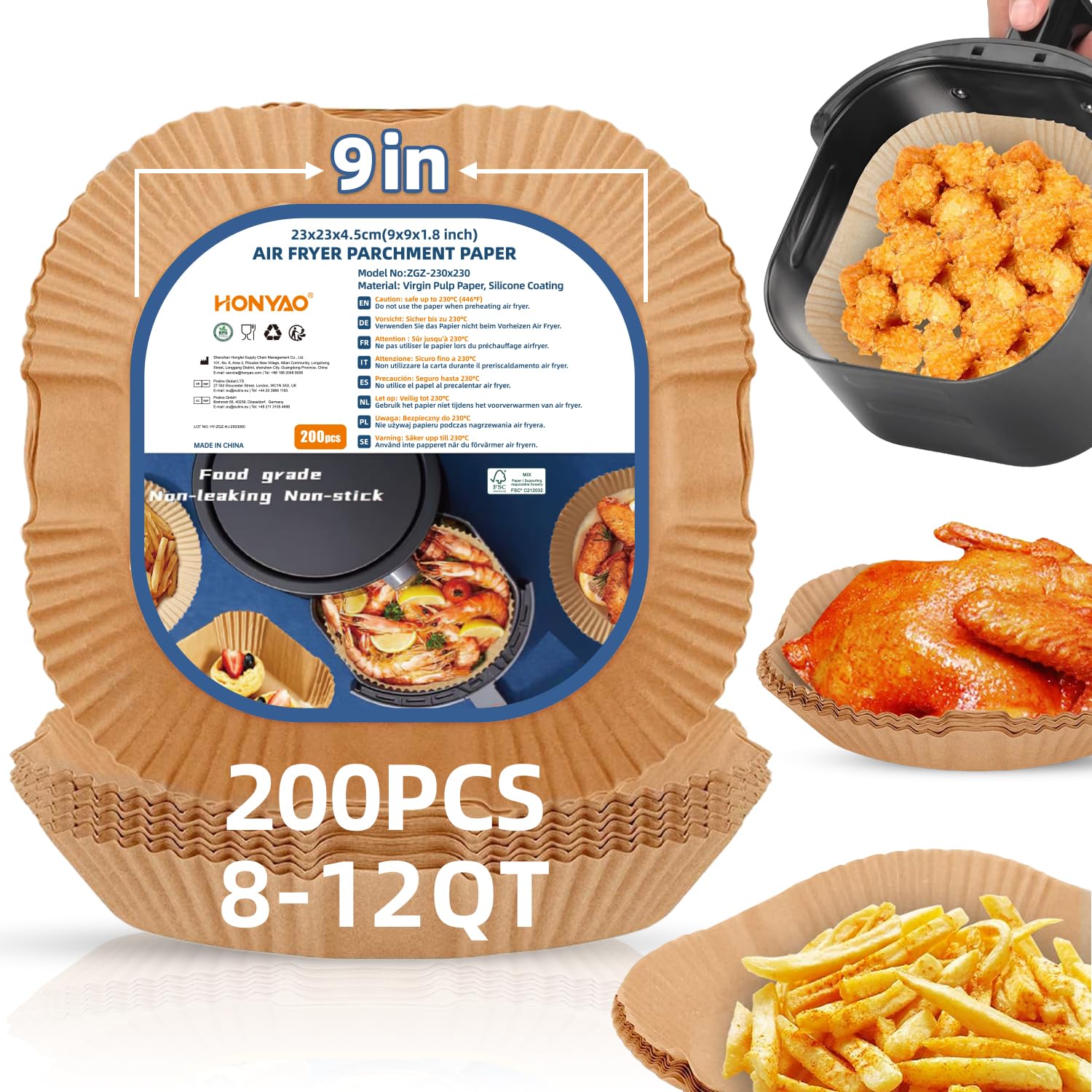 HONYAO Air Fryer Paper Liners XXL for 8-12 Qt Airfryer, 200pcs 9-10 inch Square Thickened 50gsm Disposable Parchment Tray