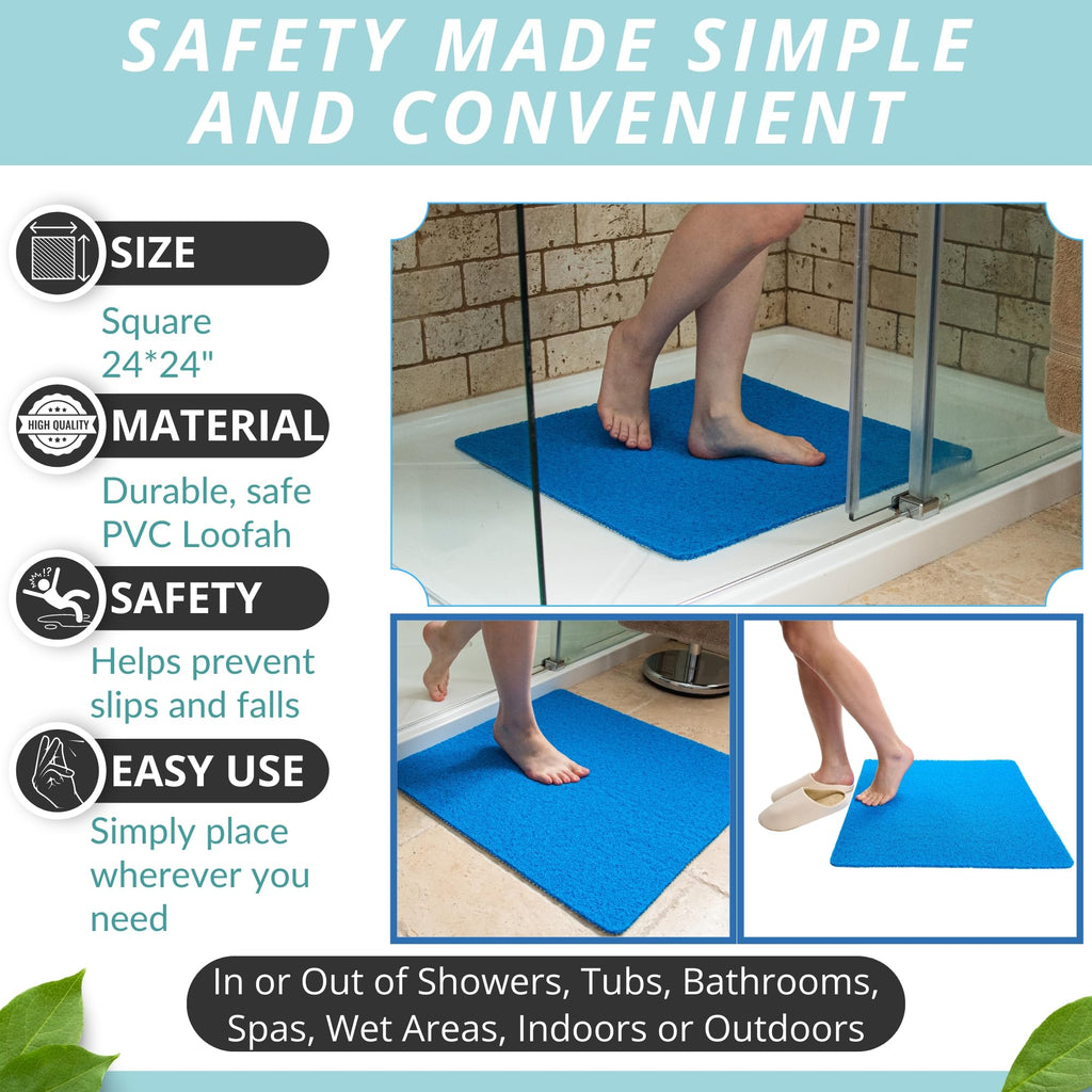 Anti Slip Shower Mat Square - Non Slip Shower Mats for Inside Shower - 24x24 Shower Floor Mat Non Slip - Square Bath Mat for Shower - Soft Secure Loofah Shower Mat Without Suction Cups (24x24 Blue)