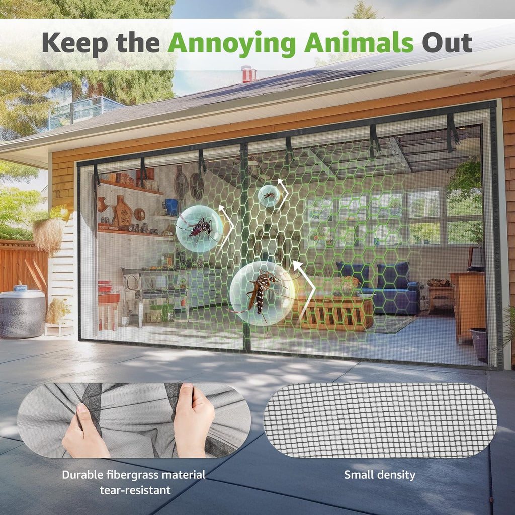 Garage Door Screen, 16x7 Ft Magnetic Closure Heavy Duty Weighted Bottom Garage Screen Doors for 2 Car Garage, Fiberglass Mesh Anti Annoying Animal Out