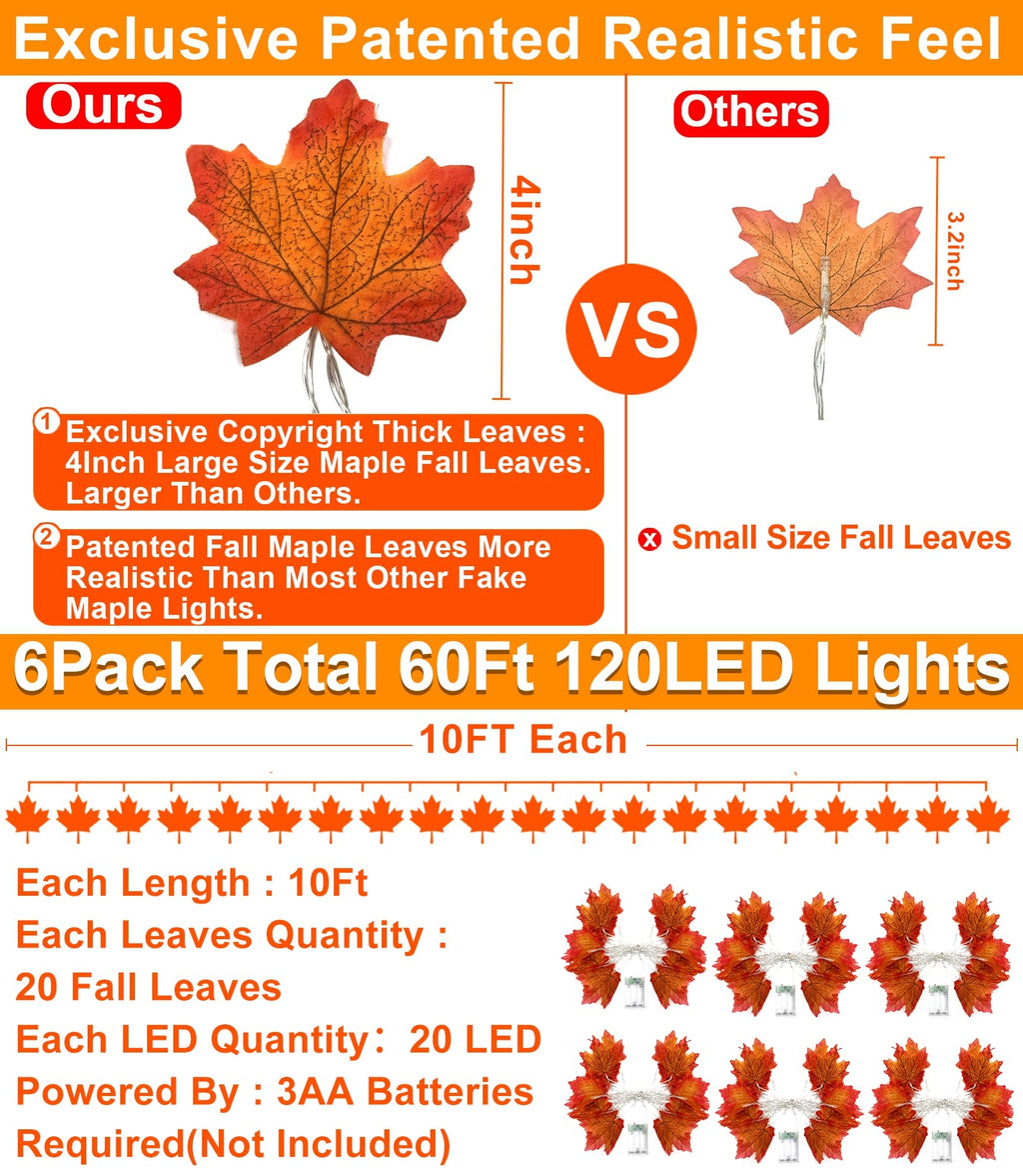 TURNMEON 6 Pack Thanksgiving Decorations Enlarged Maples Leafed Garland, 60Ft 120LED Fall Decor for Home Fall Lights, Battery Operated Waterproof Thanksgiving Decor Indoor Outdoor Christmas Halloween
