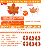 TURNMEON 6 Pack Thanksgiving Decorations Enlarged Maples Leafed Garland, 60Ft 120LED Fall Decor for Home Fall Lights, Battery Operated Waterproof Thanksgiving Decor Indoor Outdoor Christmas Halloween
