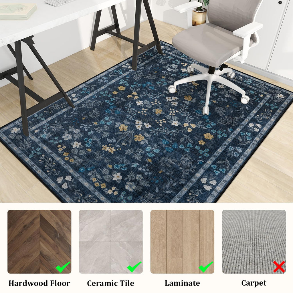 chakme Office Chair Mat for Hardwood Floor, 48"x36" Easy Glide Computer Desk Mat Protector for Rolling Chair Under Desk Rug Nonslip Backing, Machine Wash, (Floral)