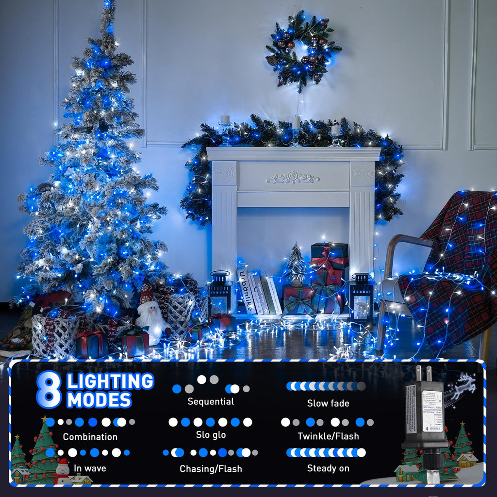 JMEXSUSS Blue and White String Lights Outdoor Indoor, 200 LED Christmas String Lights Clear Wire, 66ft Christmas Lights Plug in for Bedroom Tree Room Party Decorations