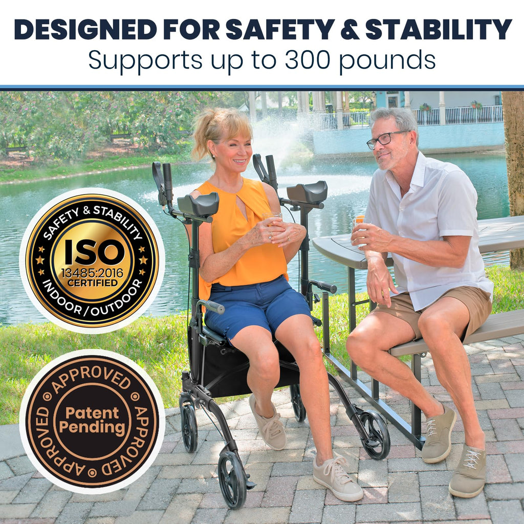 Vive Mobility Upright Walker with Seat, for Seniors, Women - Stand Up Rollator, Arm Rests, Heavy Duty, Folding Medical Aid Scooter for Elderly, Seniors - Walking Foldable Assist (Blue, Black Bag)