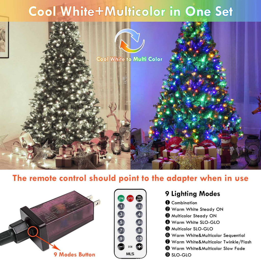 82FT 200 LED Color Changing Christmas String Lights with Remote & Timer & Memory Function, 9 Lighting Modes Waterproof Fairy String Lights for Xmas Tree Holiday Party Garden (Cool White & Multicolor)