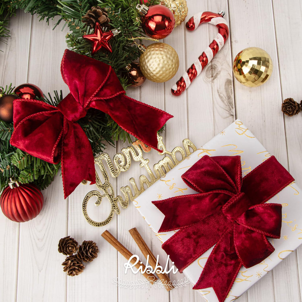Ribbli Red Velvet Wired Ribbon 2.5 Inch Metallic Red Crushed Velvet Christmas Ribbon for Gift Wrapping Christmas Tree Decoration Crafts Wreaths Supplies-Continuous 10 Yards