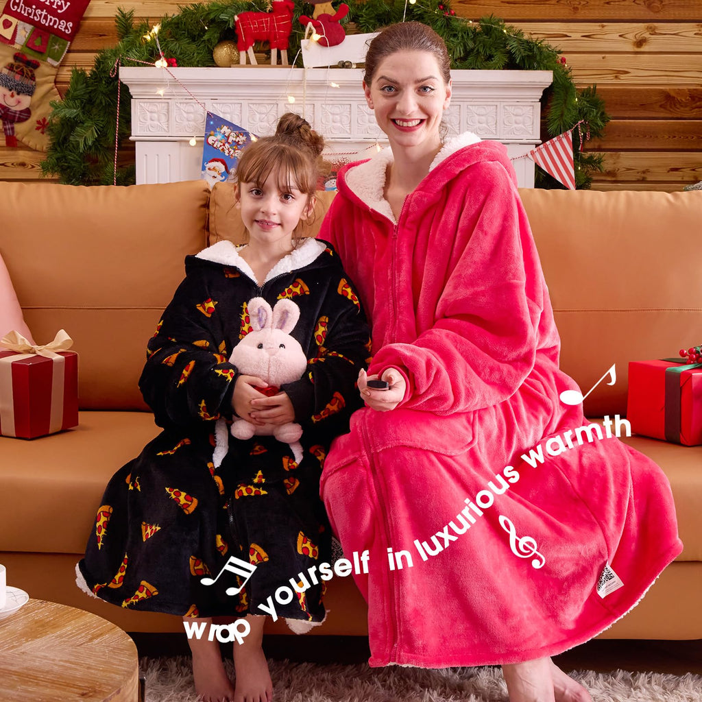 JOYWOO Kids Wearable Blanket Hoodie, Pizza Oversized Sherpa Hooded Blanket Birthday Christmas Gifts for Girl Boy, Cozy Sweatshirt Blanket with Giant Pocket and Zipper
