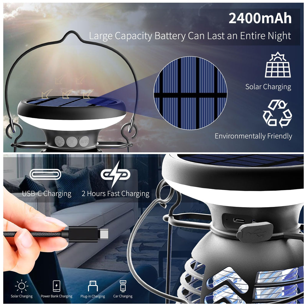 Solar Bug Zapper Outdoor,Mosquito Zapper with LED Light | 4000mAh | IP66 Waterproof | 2200V High Voltage Grid,Fly Zapper,Electric Fly Traps,Mosquito Killer Bug Zapper for Home, Patio, Lawn & Garden