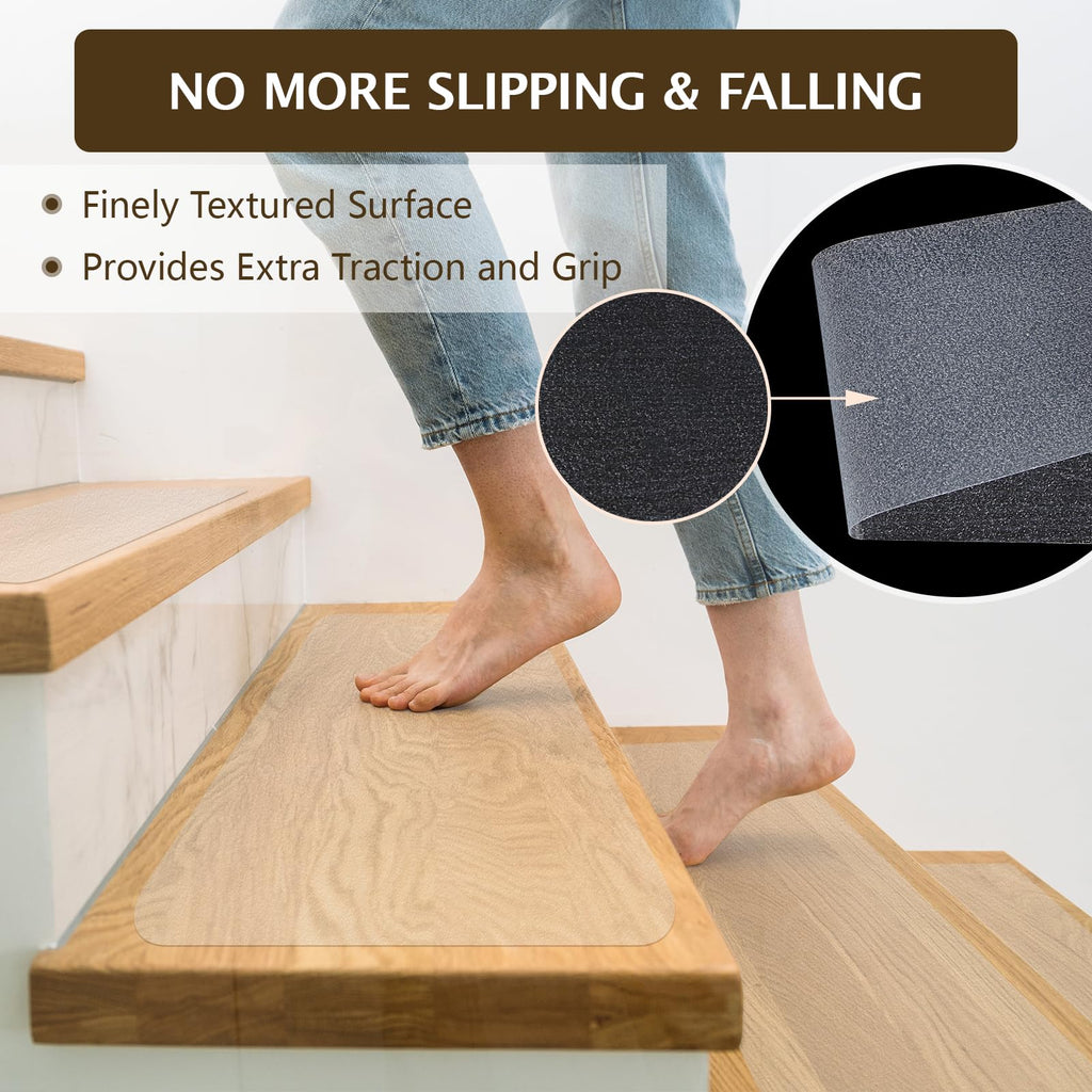 Wishtofly Clear Stair Treads Non Slip 30"x6", 15-Pack Anti Slip Stair Strips for Wooden Steps Indoor, Transparent Adhesive Pre-Cut Stair Step Grips, Safety for Elderly, Children and Dogs