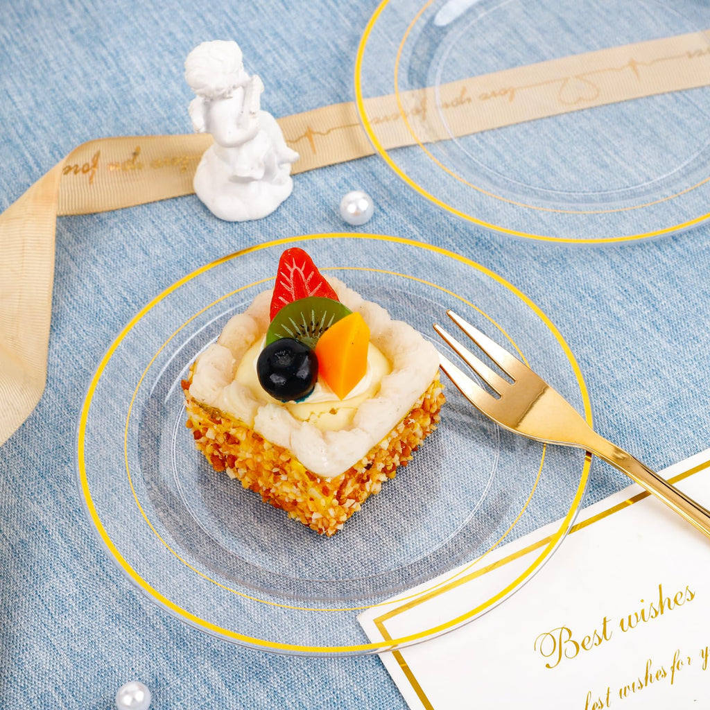 DaYammi 240 Pcs Gold Dessert Plates Set Includes 120 Gold Disposable Salad Plates 6.5" 120 Gold Plastic Forks 5.7",Clear Gold Rim Cake Plates,Fancy Gold Appetizer Plates for Party and Wedding