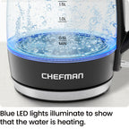 Chefman Electric Kettle, 1.8L 1500W, Hot Water Boiler, Removable Lid for Easy Cleaning, Auto Shut Off, Boil-Dry Protection, Stainless Steel Filter, BPA Free, Borosilicate Glass Electric Tea Kettle