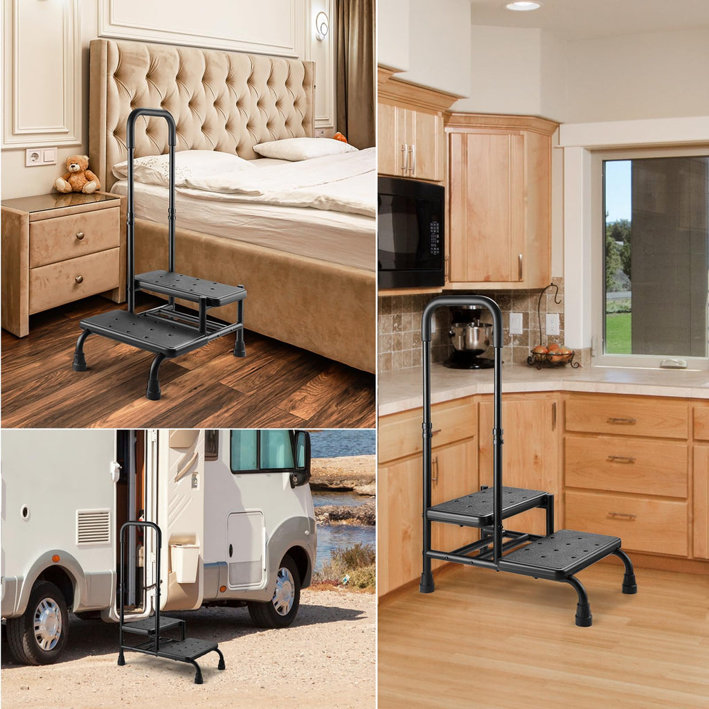 Step Stool with Handle, Non Slip Platform and Adjustable Handrail, 2 Step Stool for Seniors, Adults and Handicap, Heavy Duty Foot Stool for High beds, Kitchen, Bathtub, 350 lbs