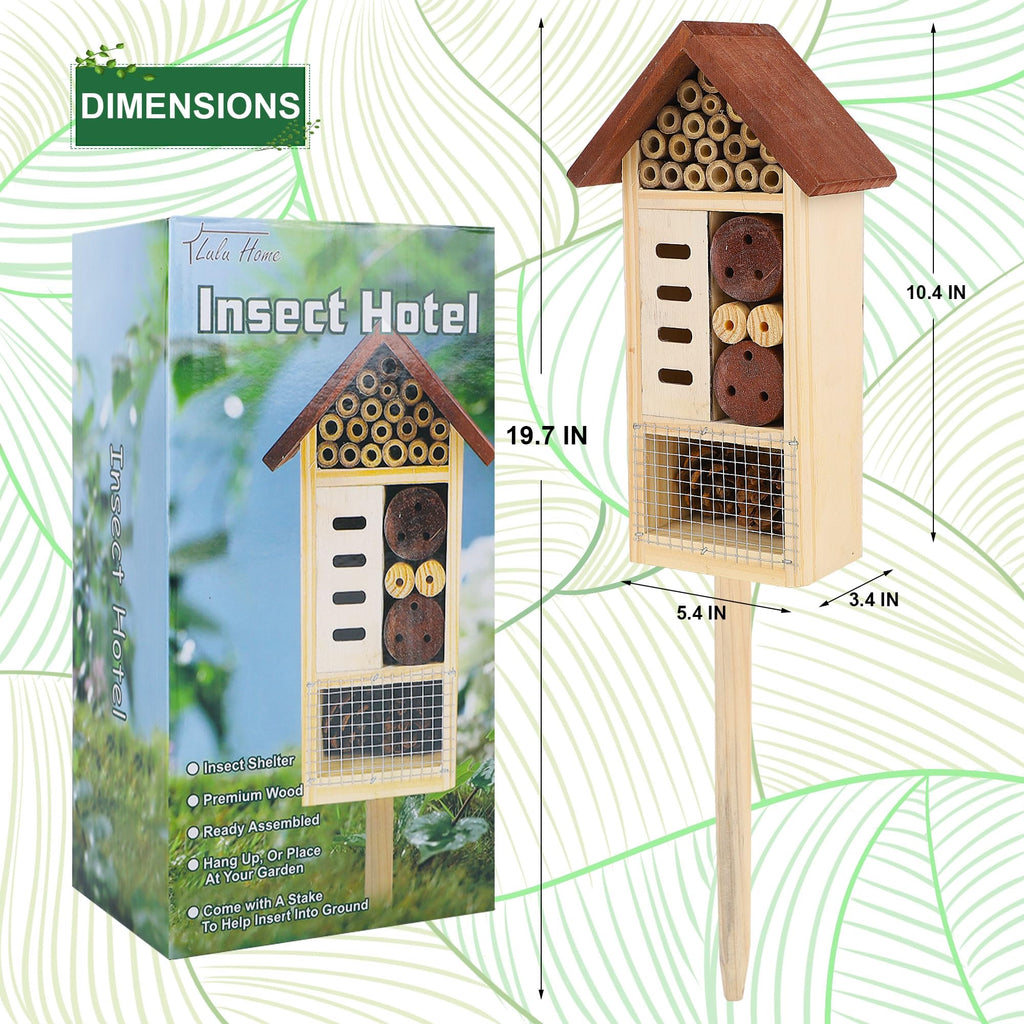 Lulu Home Wooden Insect House with Stake, Hanging & Inserting Two Mount Ways Insect Hotel for Bee, Butterfly, Ladybirds, Beneficial Insect Habitat, Bug Hotel Garden, 19.7 X 3.4 X 5.4 Inch