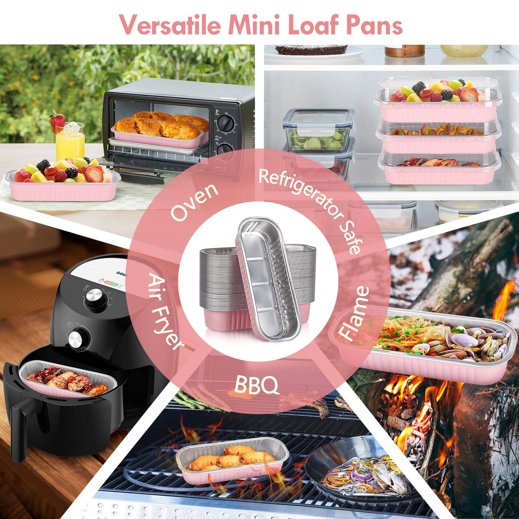 YQER 60 Pack Mini Loaf Pans with Lids and Spoons Sealing Sticker, 6.8oz Mini Cake Pans for Baking, Disposable Aluminum Foil Loaf Pans, Pink Loaf Baking Pans, Small Cake Containers With Lids