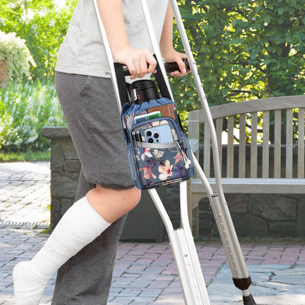 FINPAC Crutch Accessories Bag, Water-Resistant Storage Organizer Tote Bag with Drink Holder and Zipper Pouch for Crutches, Underarm Crutches Attachment (Blooming Hibiscus)