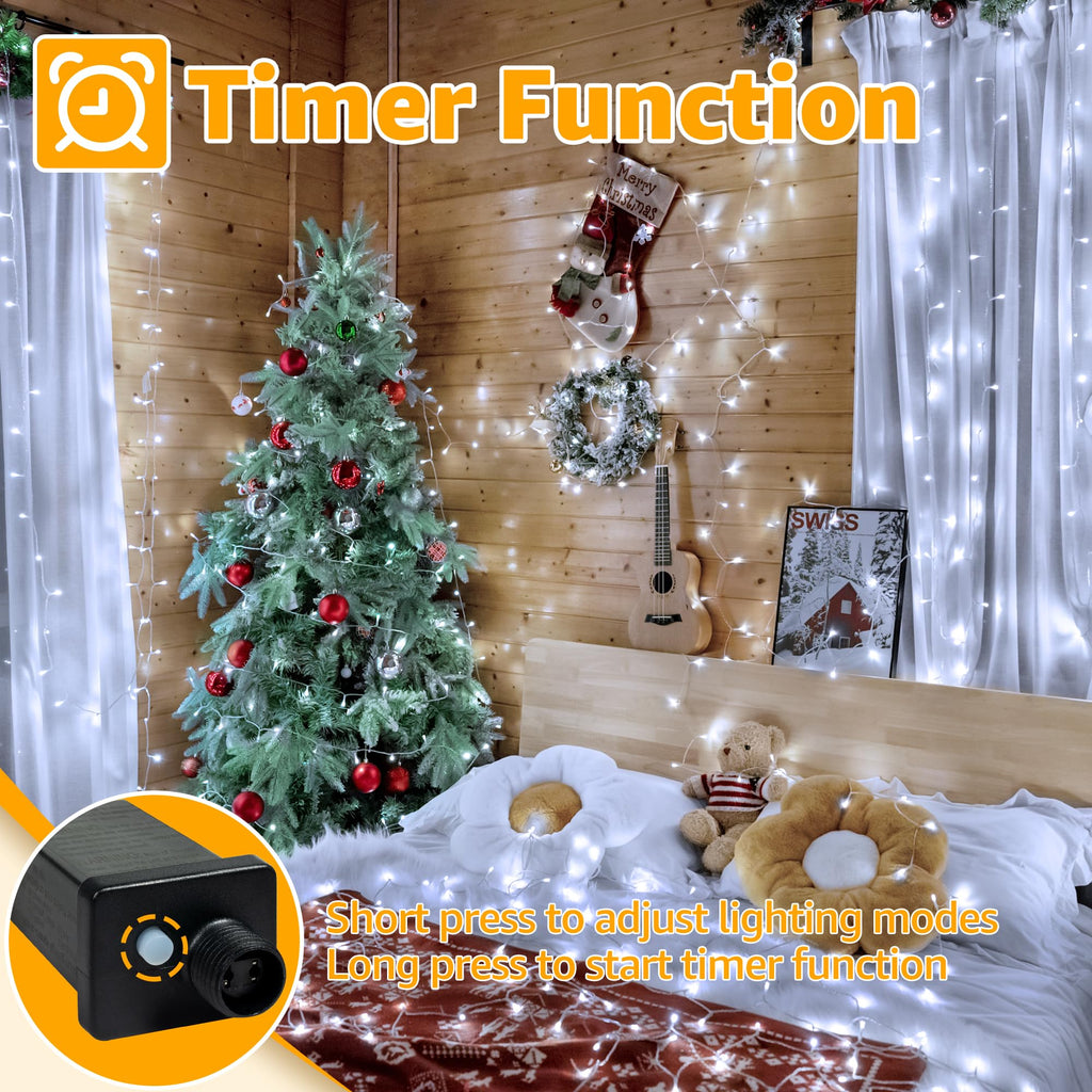 Ollny Christmas Lights 120LED 40FT, Cool White Fairy Lights Waterproof Connectable Timer, 8 Modes Plug in String Lights for Bedroom Outdoor Tree Indoor House Decorations