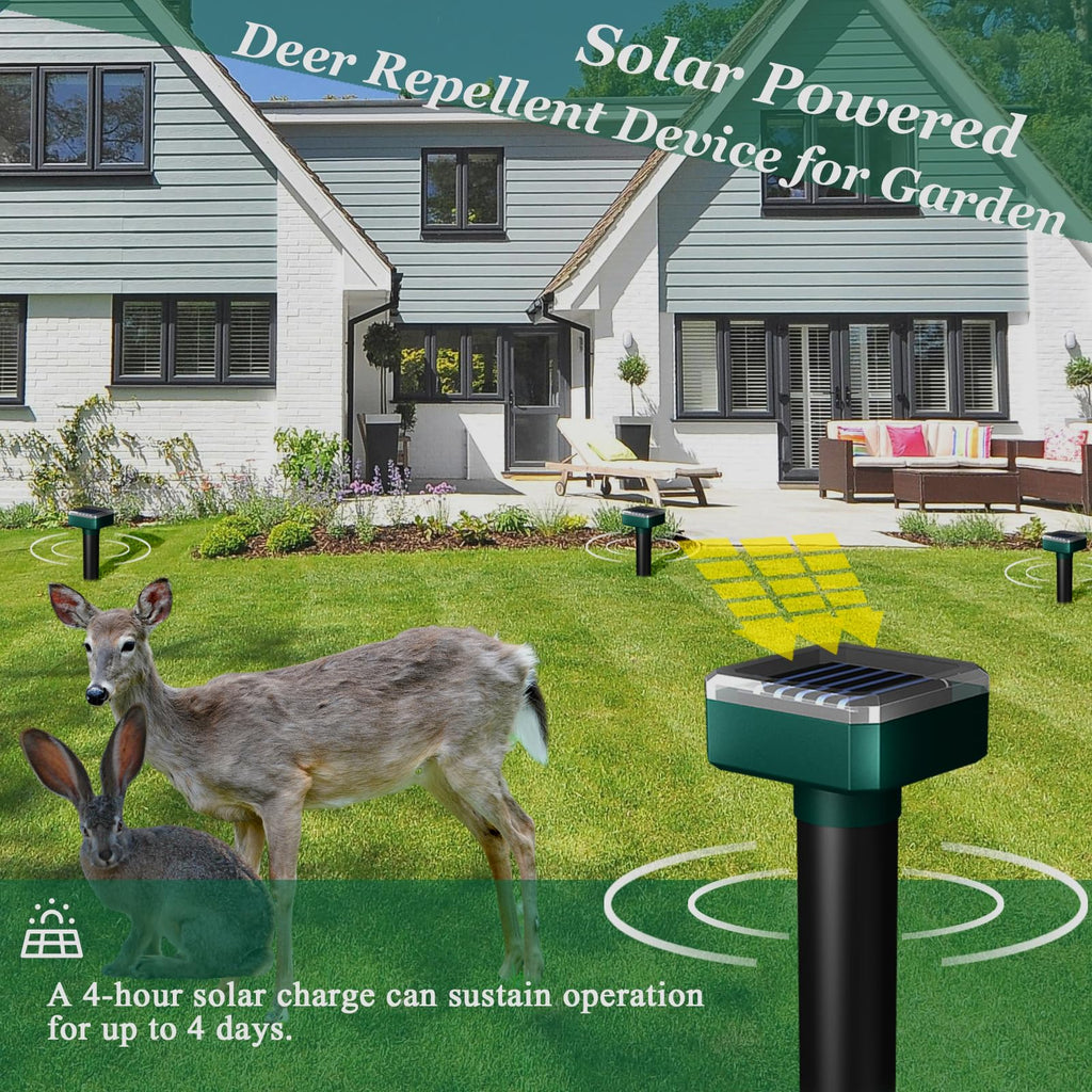 Deer Repellent Devices, Sonic & Solar-Powered Outdoor Deer Deterrent for Garden Plants, 7000 Sq Ft Coverage, Waterproof Sonic Repeller to Keep Deer and Rabbits Away (4)