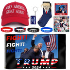 DOSMINE Supporter Kit Trump 2024 Flag 3 * 5ft Trump Survived Shot Fight Trump Flag Banner Trump Stickers Trump Hat Trump Socks Trump Keychain Trump Bracelets Heat Transfer Sticker