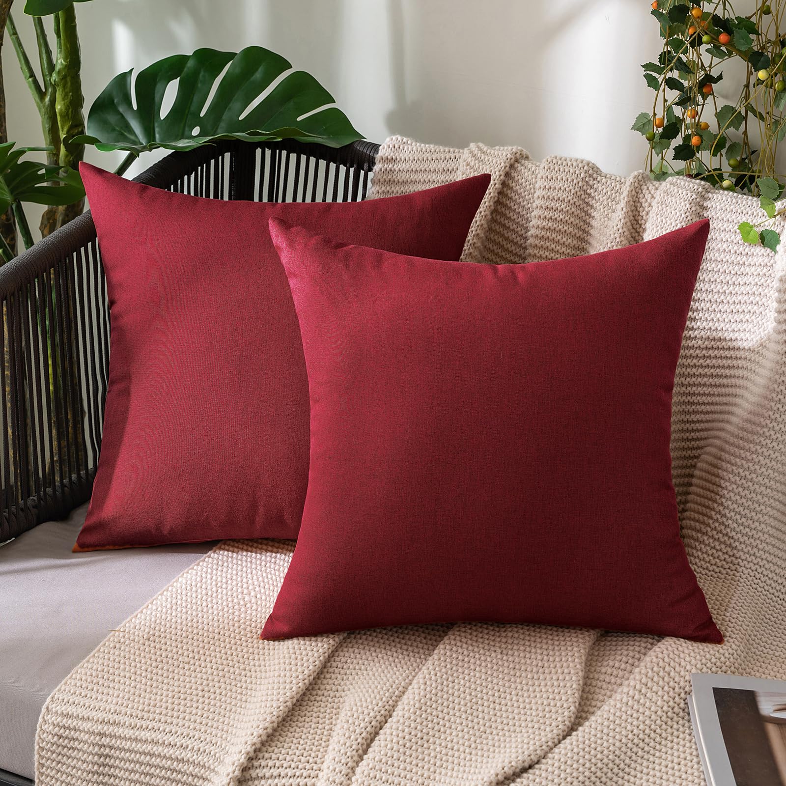 MIULEE Pack of 2 Christmas Decorative Outdoor Solid Waterproof Throw Pillow Covers Polyester Linen Garden Farmhouse Cushion Cases for Patio Tent Balcony Couch Sofa 18x18 inch Wine Red