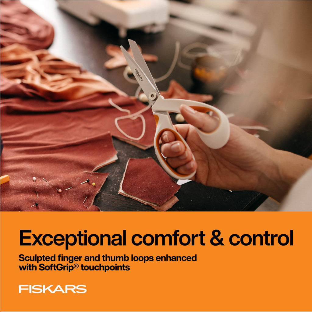 Fiskars RazorEdge Fabric Scissors, Heavy Duty Fabric Shears, Ultra-Sharp Stainless Steel Blades & SoftGrip Ergonomic Handle, 8”, White/Orange
