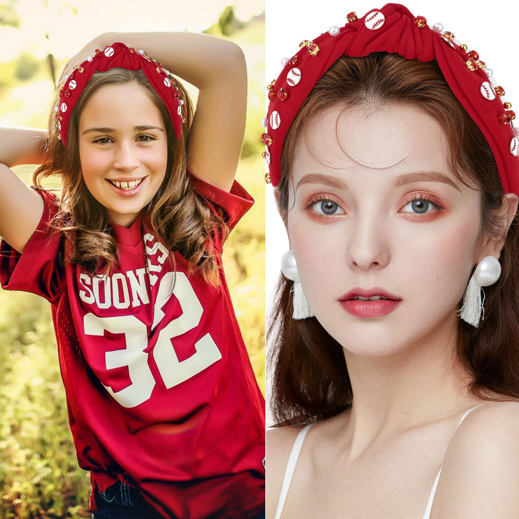Baseball Top Knot Headband for Women & Girls - Wide Knotted Jeweled Accessory for Game Day, Sports Fan, Mom, Halloween & Christmas Gifts (Red)