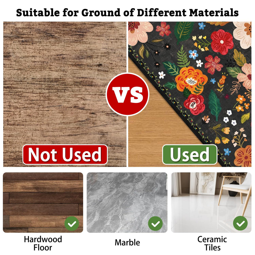 Office Chair Mat for Hardwood & Tile Floor,Boho Floral 36"x48" Office Computer Chair Mat for Rolling Chairs,Under Desk Non Slip Gaming Rug,Rubber Backing Large Low-Pile Carpet Protector Mat(Black)