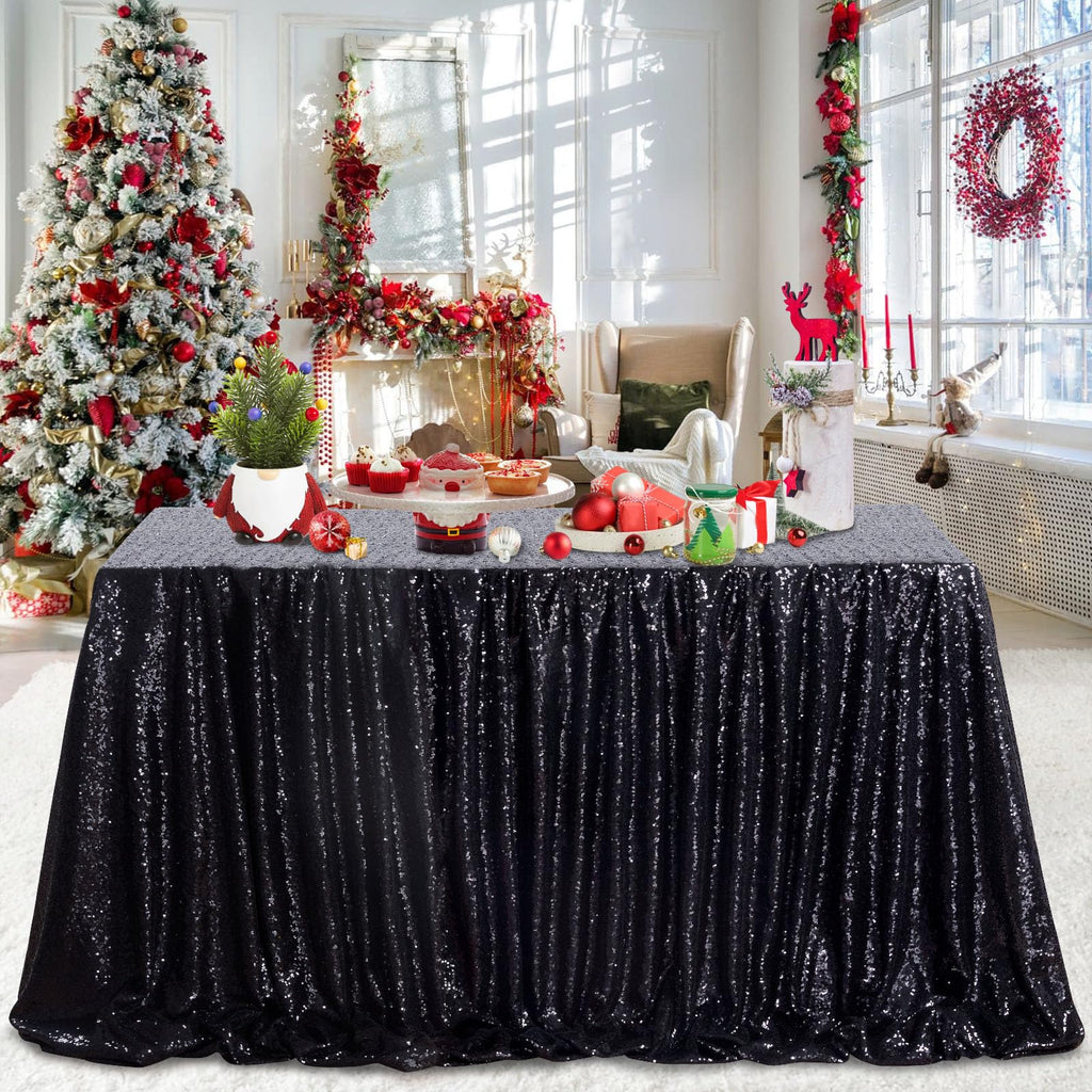 QueenDream Seamless Sequin Tablecloth 90x132 Inch Black Rectangular Tablecloth for Christmas Wedding Birthday Halloween