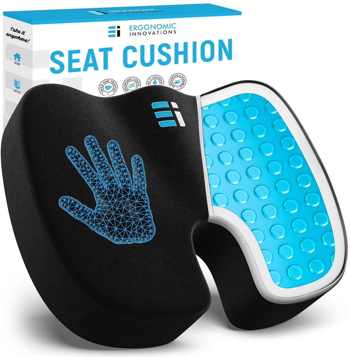 Ergonomic Innovations Office Chair Cushions, Comfort Supportive Gel Seat Cushion for Desk Chair, Car Seat Cushion for Car Driving, Pressure Relief Seat Cushion for Tailbone Pain Relief