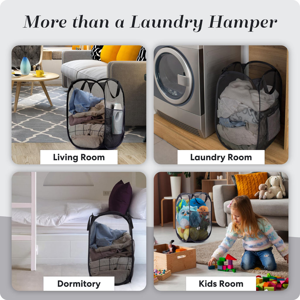 Handy Laundry Collapsible Mesh Pop Up Hamper with Wide Opening and Side Pocket – Breathable, Sturdy, Foldable, and Space-Saving Design for Clothes and Storage. (Black | 2-Pack)