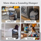 Handy Laundry Collapsible Mesh Pop Up Hamper with Wide Opening and Side Pocket – Breathable, Sturdy, Foldable, and Space-Saving Design for Clothes and Storage. (Black | 2-Pack)