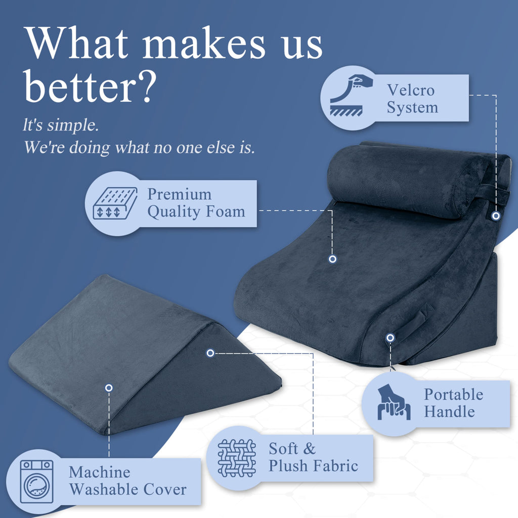 Axelrod Orthopedic Bed Wedge Pillow Set, Post Surgery Foam for Back, Neck and Leg Pain Relief Comfortable & Adjustable Ortho Pillows- Anti Snoring, Heartburn, Acid Reflux & GERD Sleeping Dark Indigo