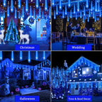 Adecorty Outdoor Christmas Lights Meteor Shower Lights UL Certified 8 Tubes 192 LED Snow Falling Rain Drop Lights Dripping Icicle String Lights for Christmas Tree Decorations Xmas Wedding Party, Blue