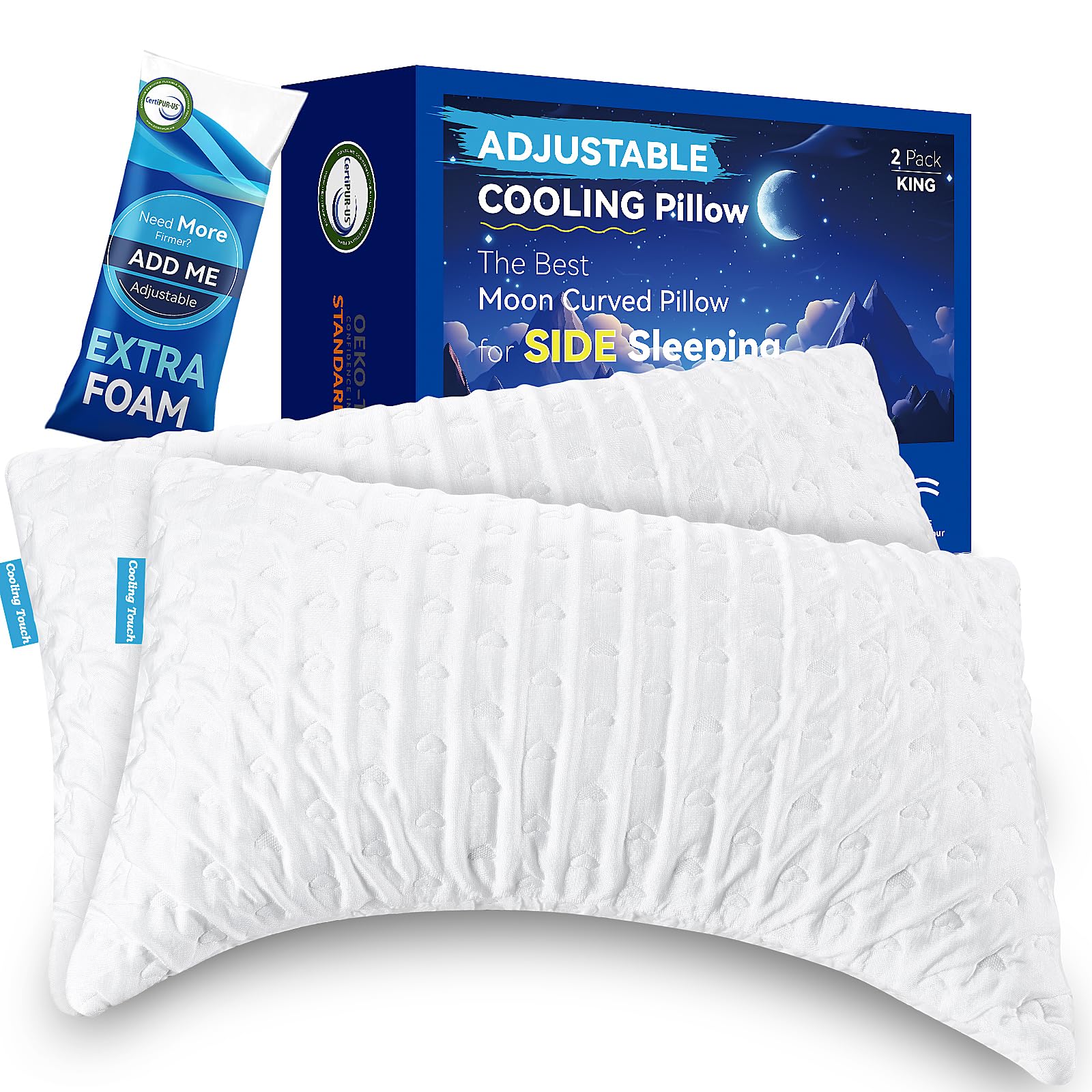 Side Sleeper Pillow for Adults, Cervical Pillow for Neck and Shoulder Pain, Ergonomic Contour Pillow, Cooling Shredded Memory Foam Pillow Curved Bed Pillow, King Size Set of 2, Extra Fill Included