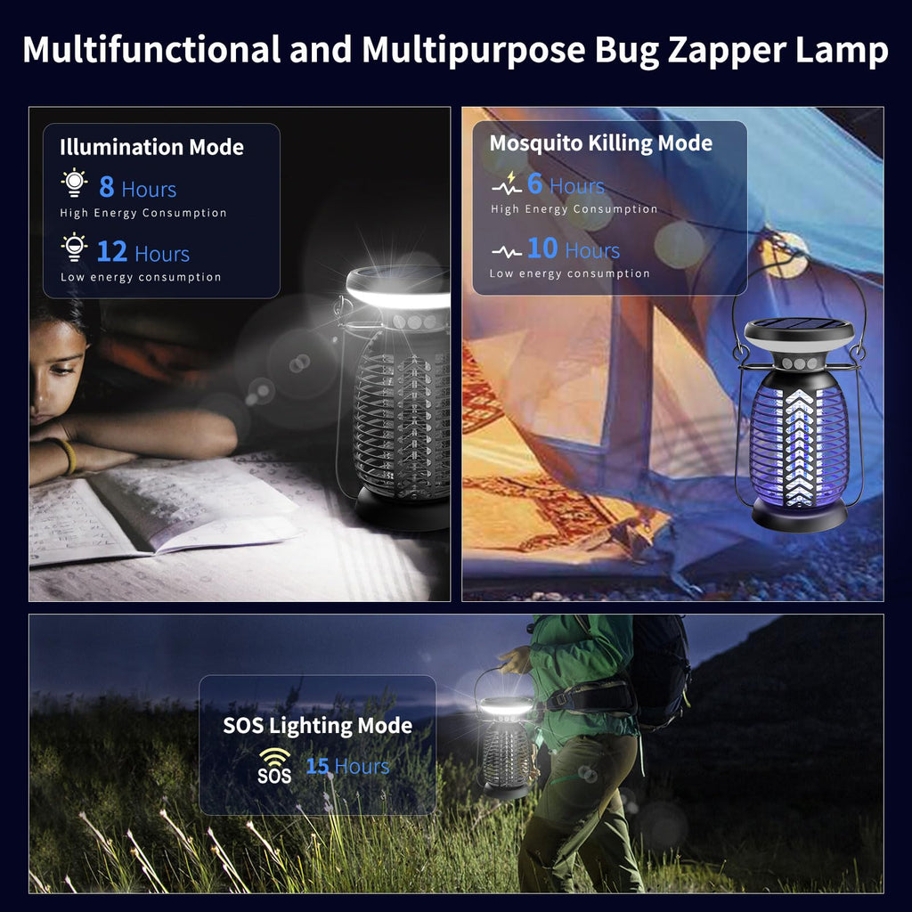 Solar Bug Zapper Outdoor,Mosquito Zapper with LED Light | 4000mAh | IP66 Waterproof | 2200V High Voltage Grid,Fly Zapper,Electric Fly Traps,Mosquito Killer Bug Zapper for Home, Patio, Lawn & Garden
