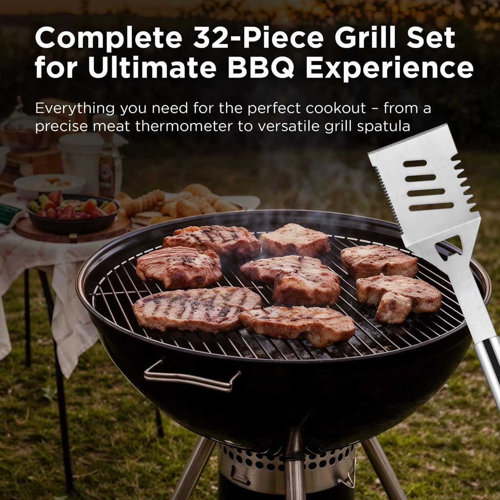 Kaluns 32 Psc Grilling Accessories, Dad Gifts for Fathers Day, Heavy Duty Stainless Steel Grill Set BBQ Grill Accessories for Outdoor Grill with Aluminum Case and Apron, Best Gifts for Men