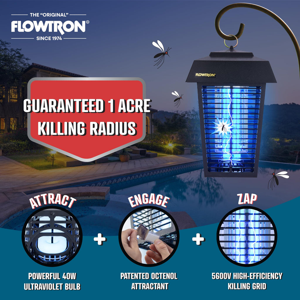 Flowtron Bug Zapper, 1 Acre of Outdoor Coverage with Powerful 40W Bulb & 5600V Instant Killing Grid, Electric Insect, Fly & Mosquito Zapper, Made in The USA