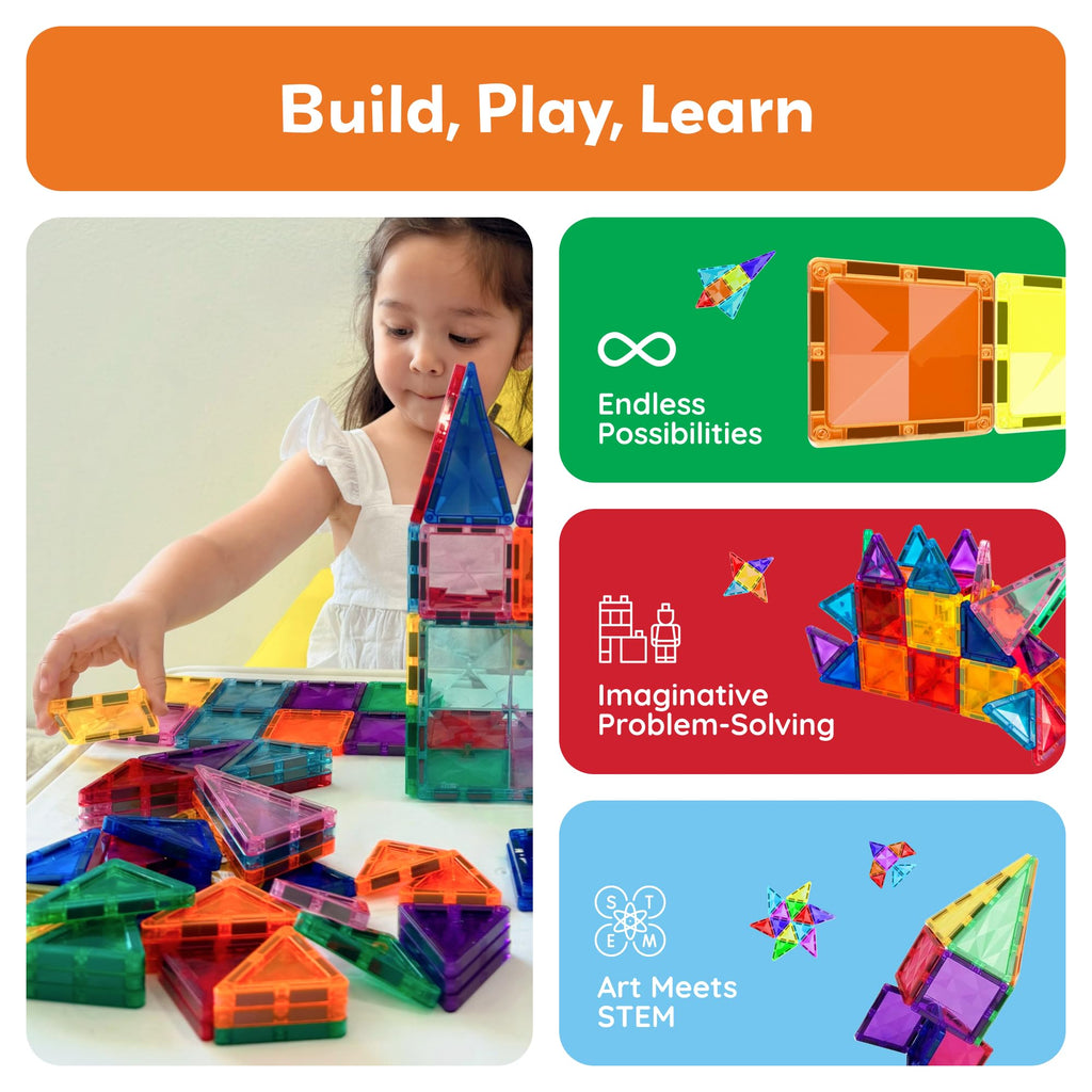 PicassoTiles 100 Pieces Magnetic Tiles Building Blocks Mini Size Diamond Series Magnet Toys Travel Size On-The-Go Construction Sensory Toys Gifts Educational Set STEM Learning Kit Playset PTM100